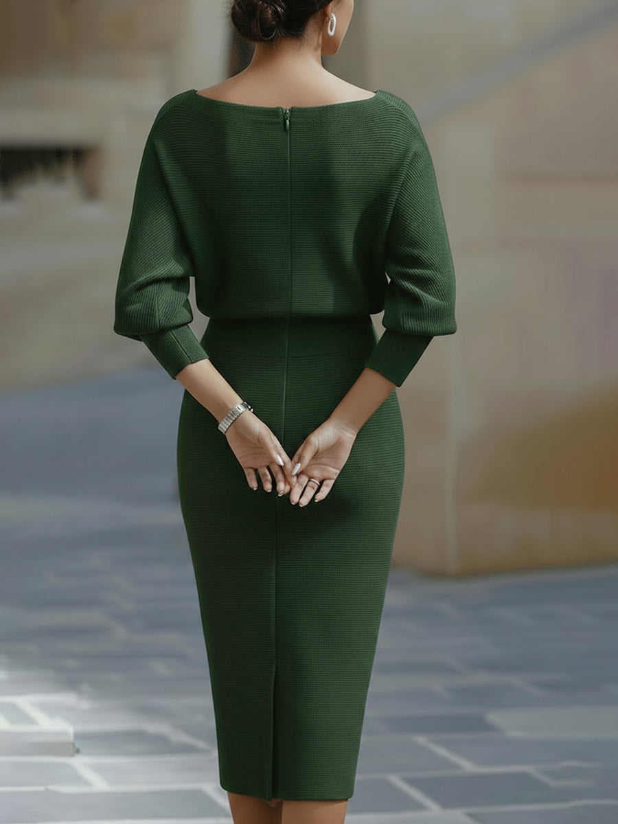 Women's Draped Batwing Sleeve Midi Dress – Elegant Occasion Dress