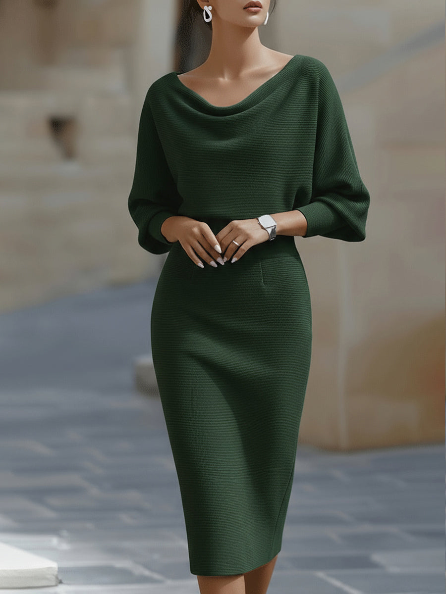 Women's Draped Batwing Sleeve Midi Dress – Elegant Occasion Dress