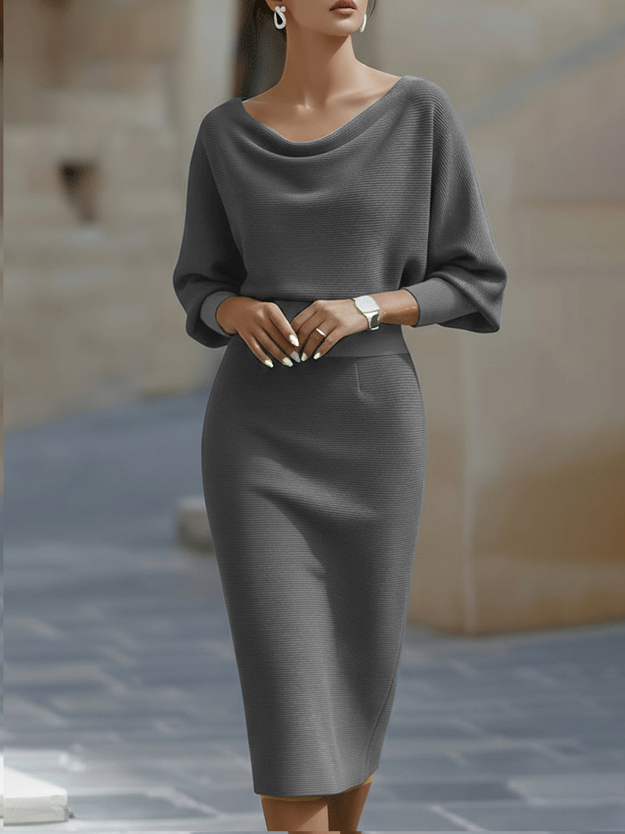 Women's Draped Batwing Sleeve Midi Dress – Elegant Occasion Dress