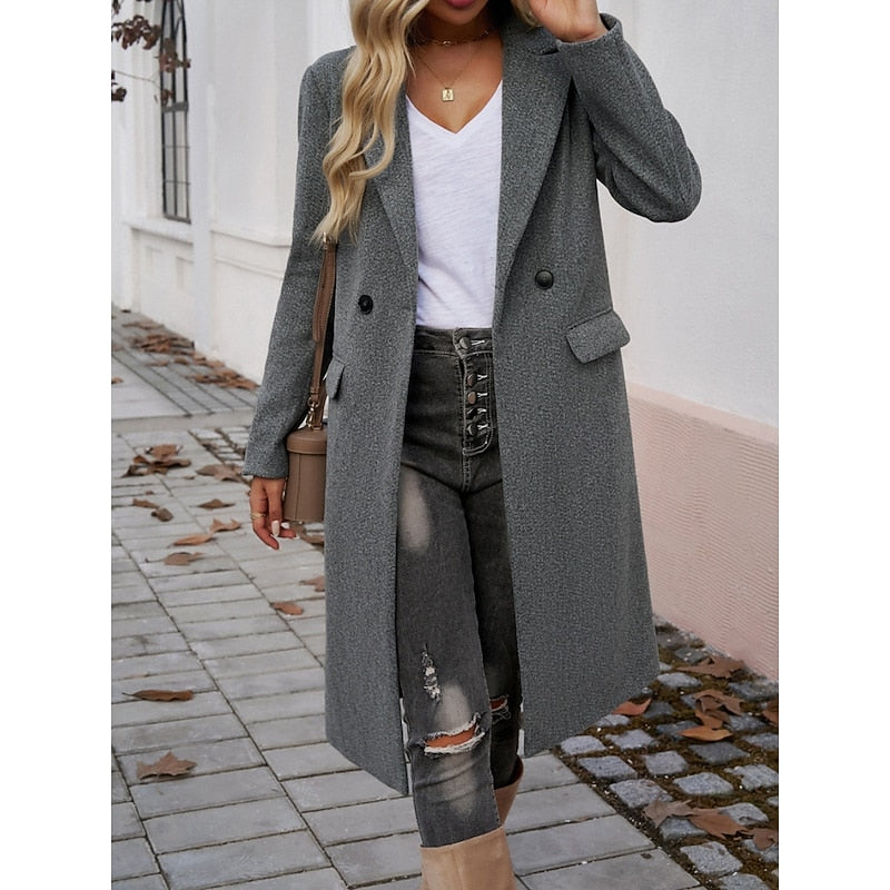 Women’s Long Winter Coat with Lapel Collar – Warm Elegant Outerwear