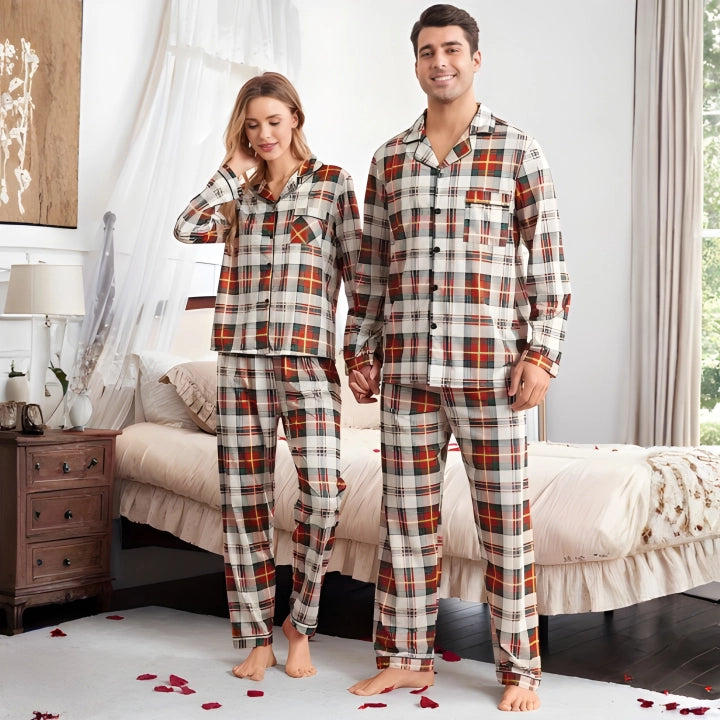 Couples Plaid Pattern Long-Sleeve Pajama Set – Matching Sleepwear Outfit