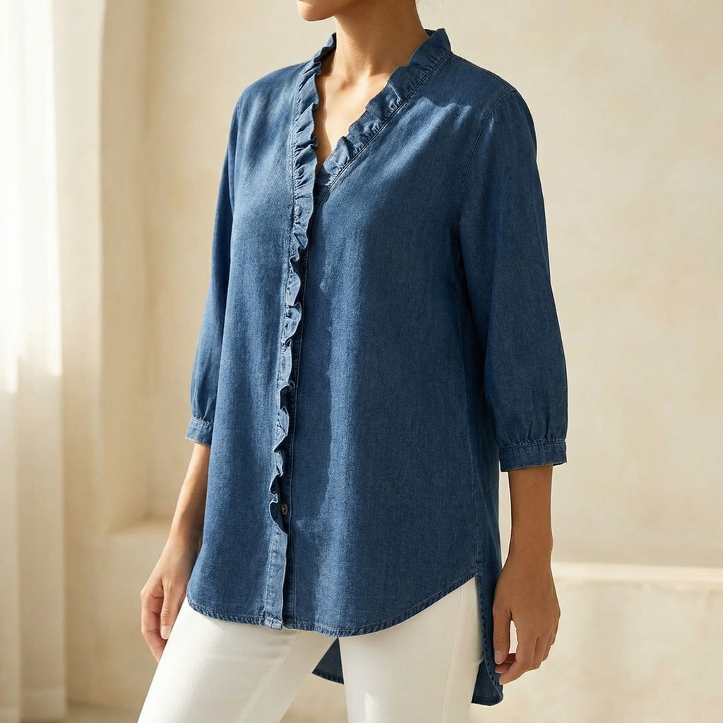 Vivara Ruffle V-Neck Denim Blouse - Soft and Feminine