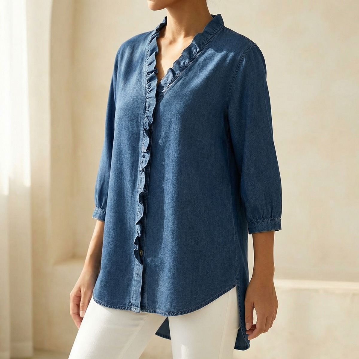 Vivara Ruffle V-Neck Denim Blouse - Soft and Feminine