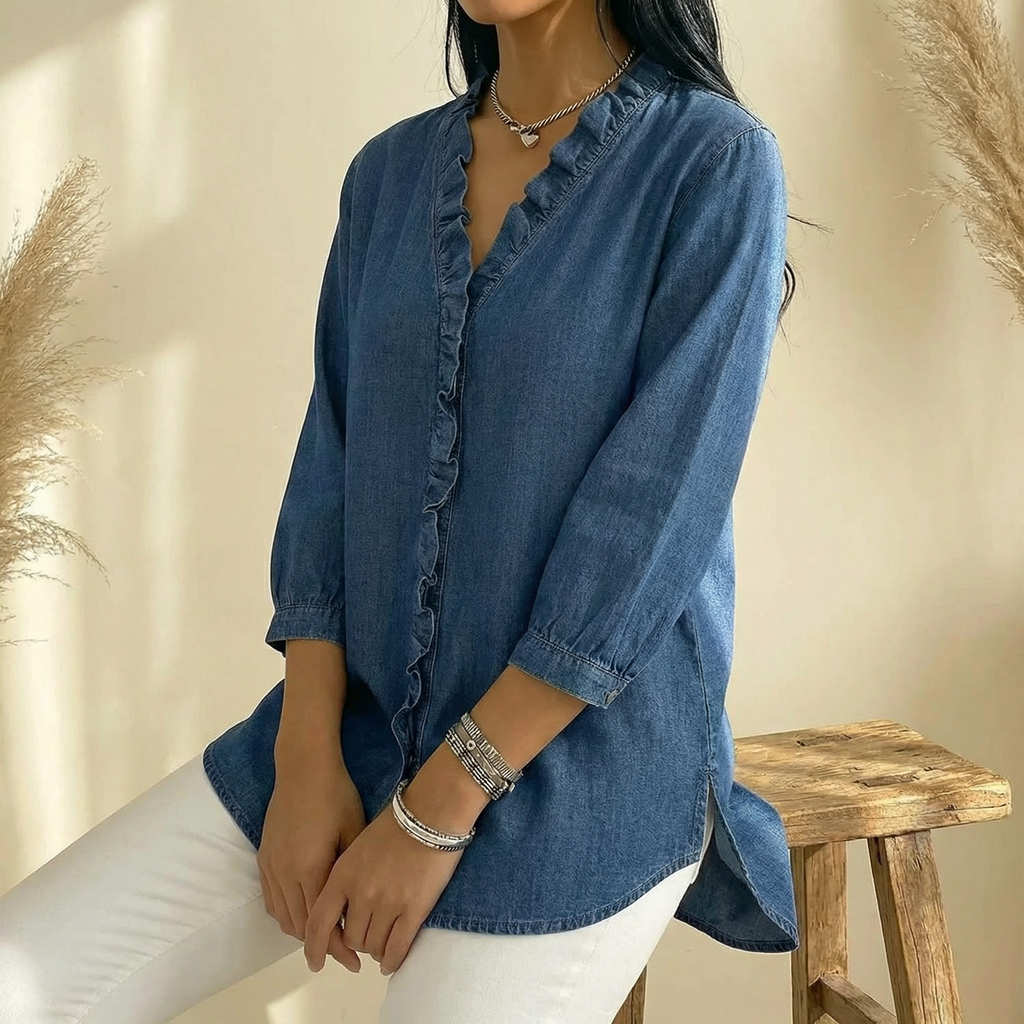 Vivara Ruffle V-Neck Denim Blouse - Soft and Feminine