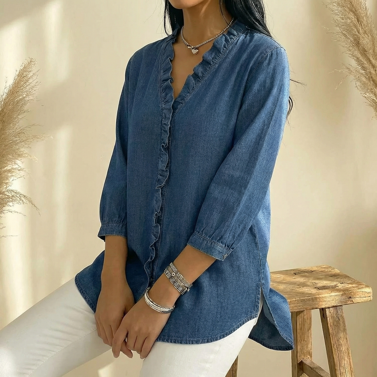 Vivara Ruffle V-Neck Denim Blouse - Soft and Feminine