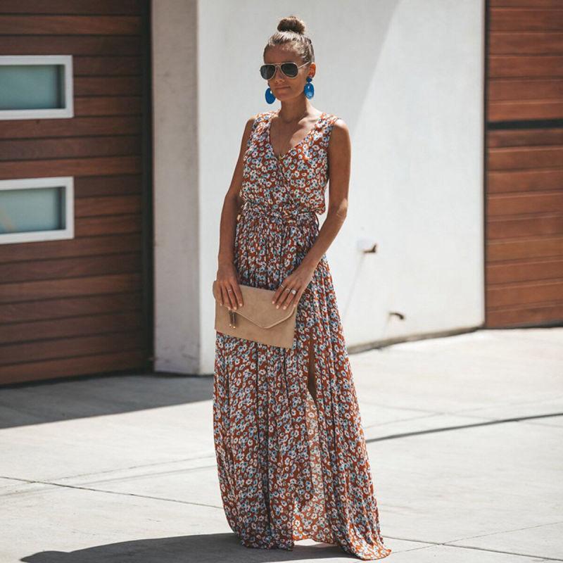 Women's Floral Maxi Ibiza Dress - Flowy Sleeveless Holiday Dress