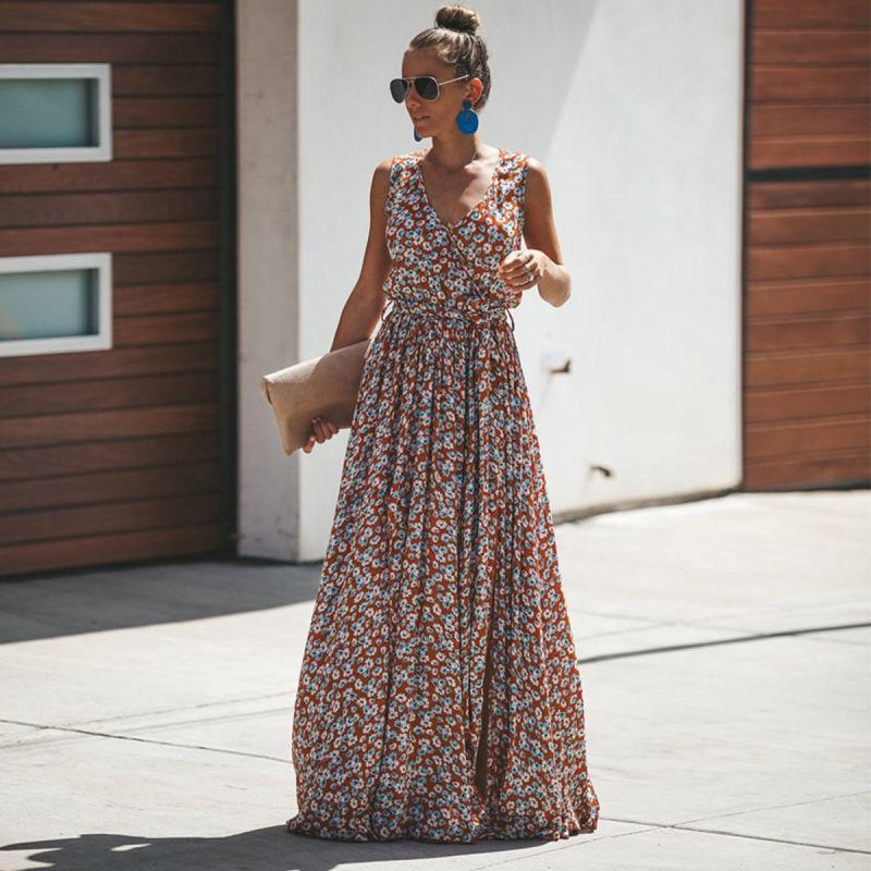 Women's Floral Maxi Ibiza Dress - Flowy Sleeveless Holiday Dress