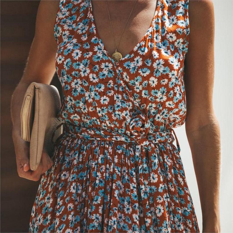 Women's Floral Maxi Ibiza Dress - Flowy Sleeveless Holiday Dress