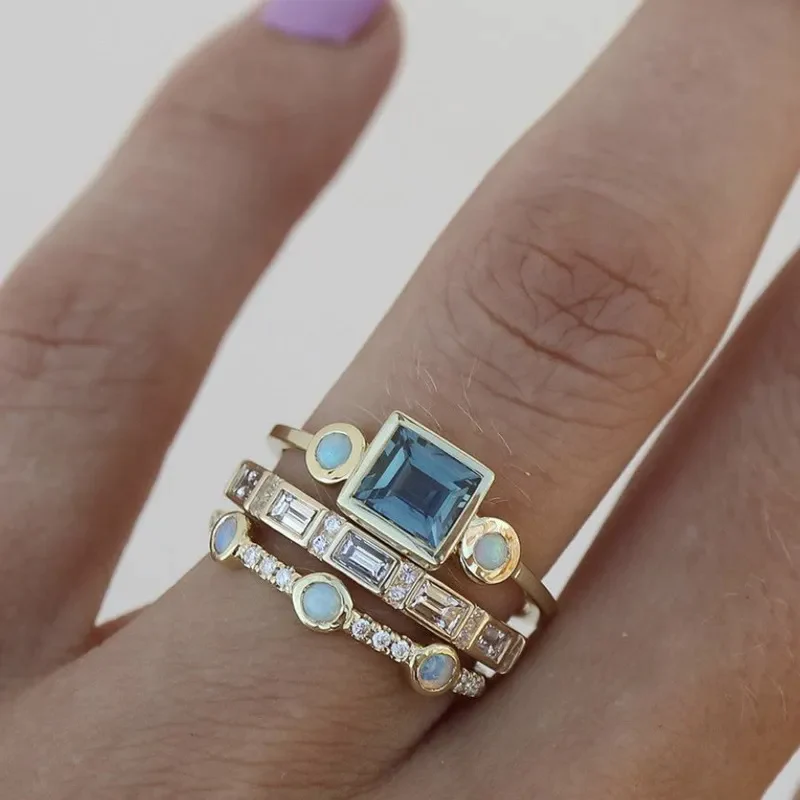 Women's Vintage Blue Crystal Ring Set - Elegant Ocean Inspired Jewelry