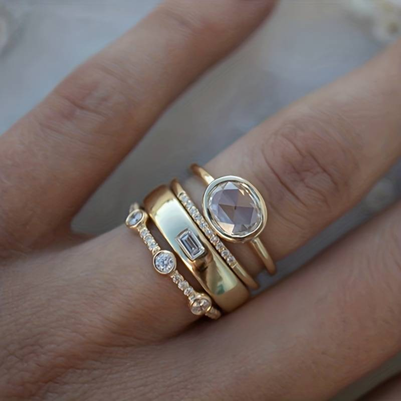 Women's Vintage Gold Zirconia Ring Set - Elegant Giftable Jewelry