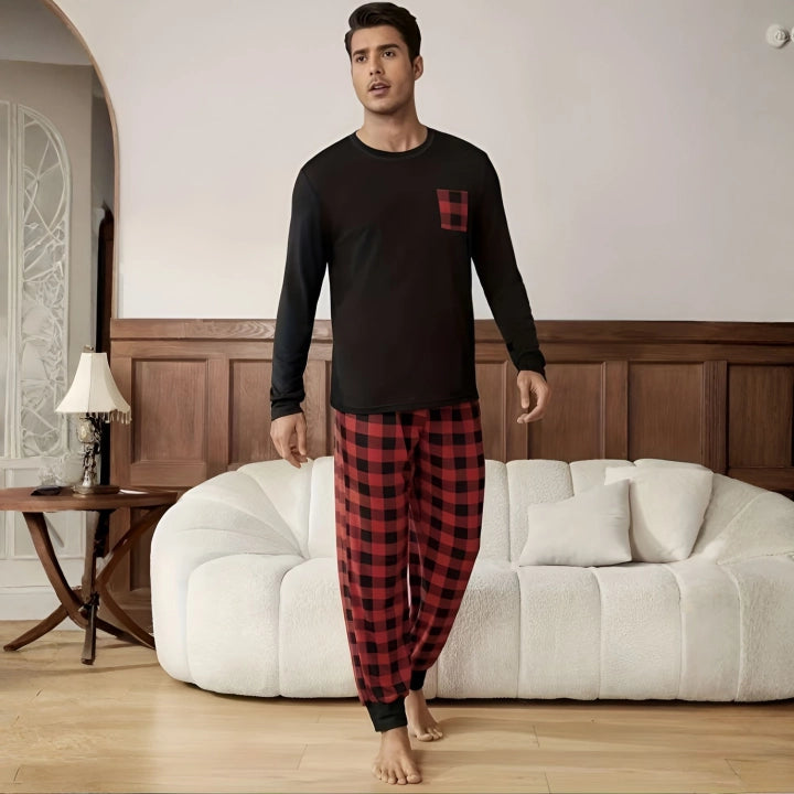 Couples Plaid Pocket Long-Sleeve Pajama Set – Matching Sleepwear Outfit