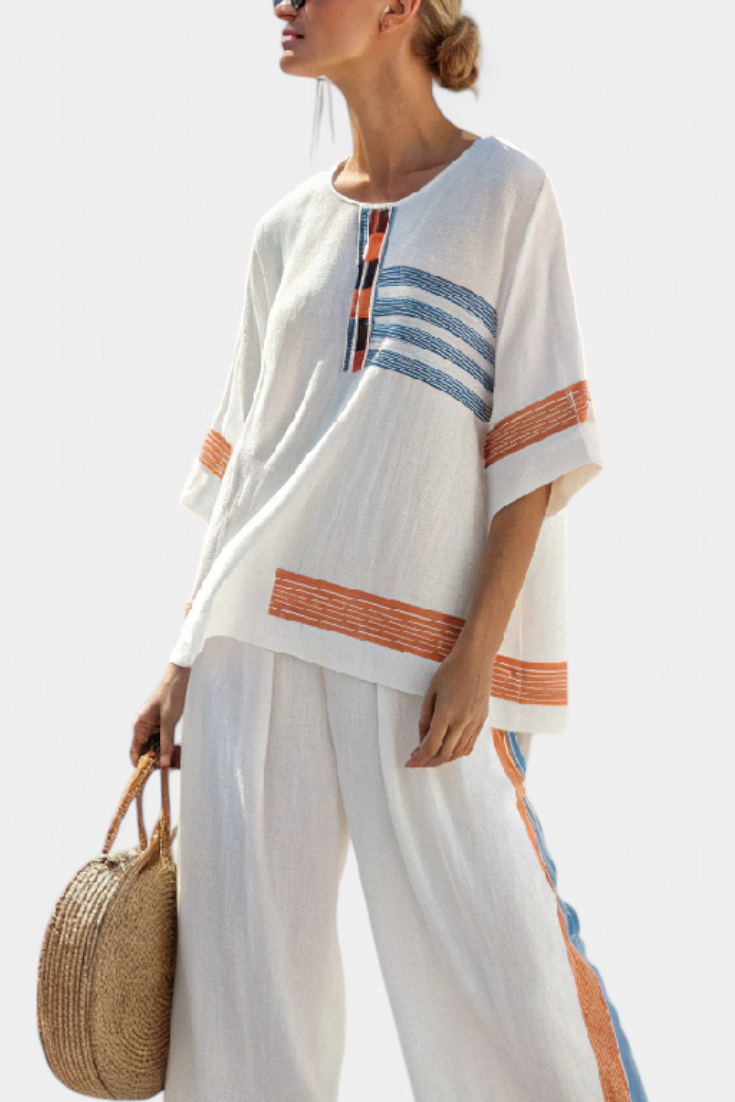 Women's Blue Orange Striped Set – Relaxed Top and Pants Summer Outfit