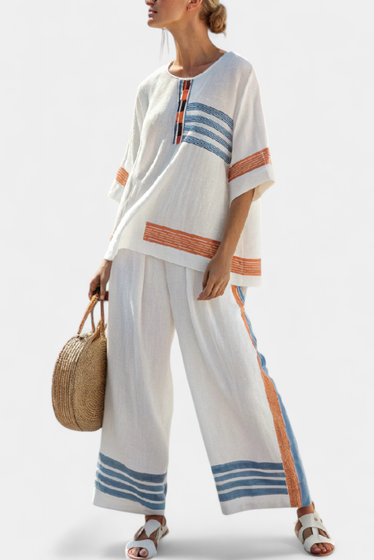 Women's Blue Orange Striped Set – Relaxed Top and Pants Summer Outfit