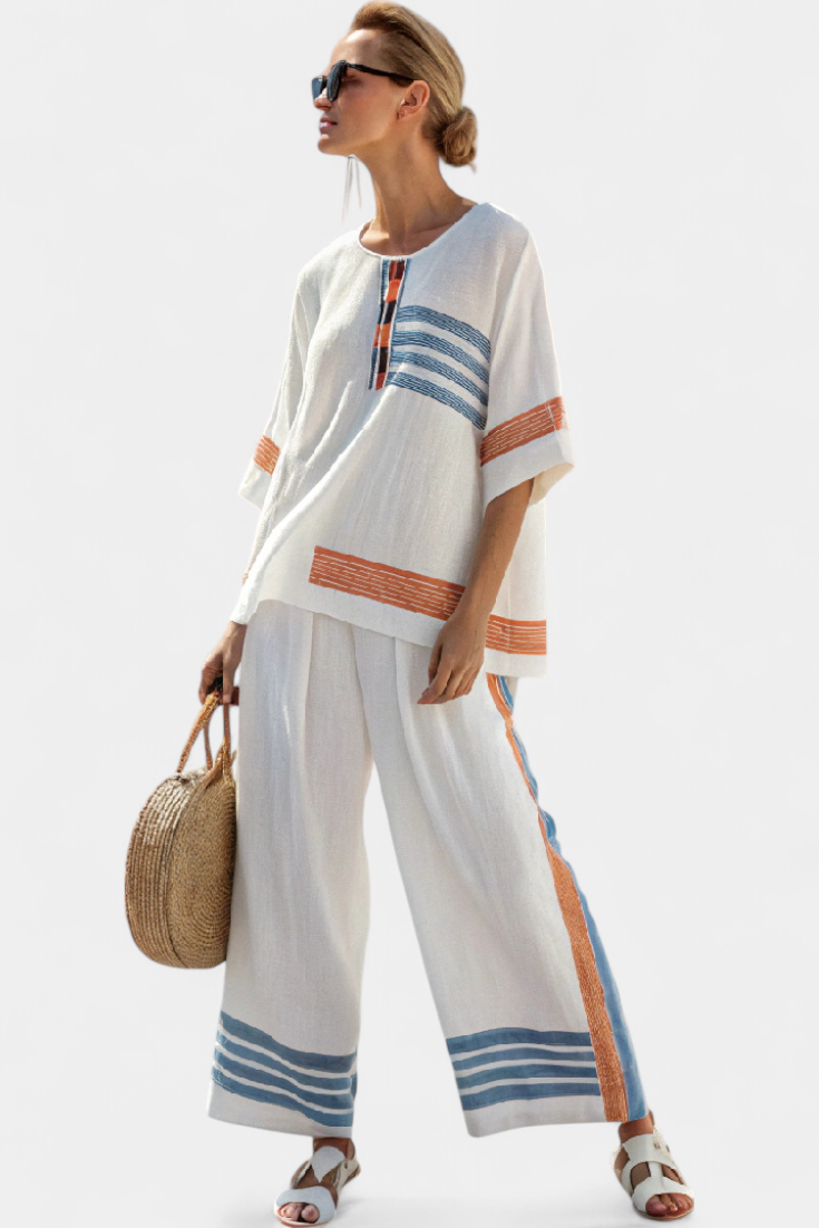 Women's Blue Orange Striped Set – Relaxed Top and Pants Summer Outfit