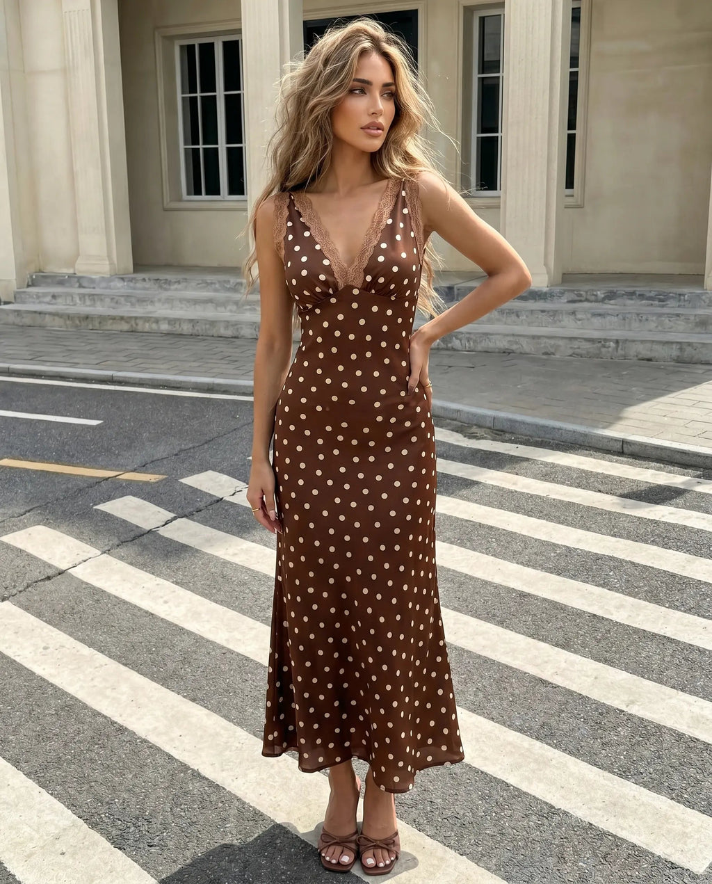 Women's Polka Dot Lace Trim Midi Dress - Chic Sleeveless Day Style