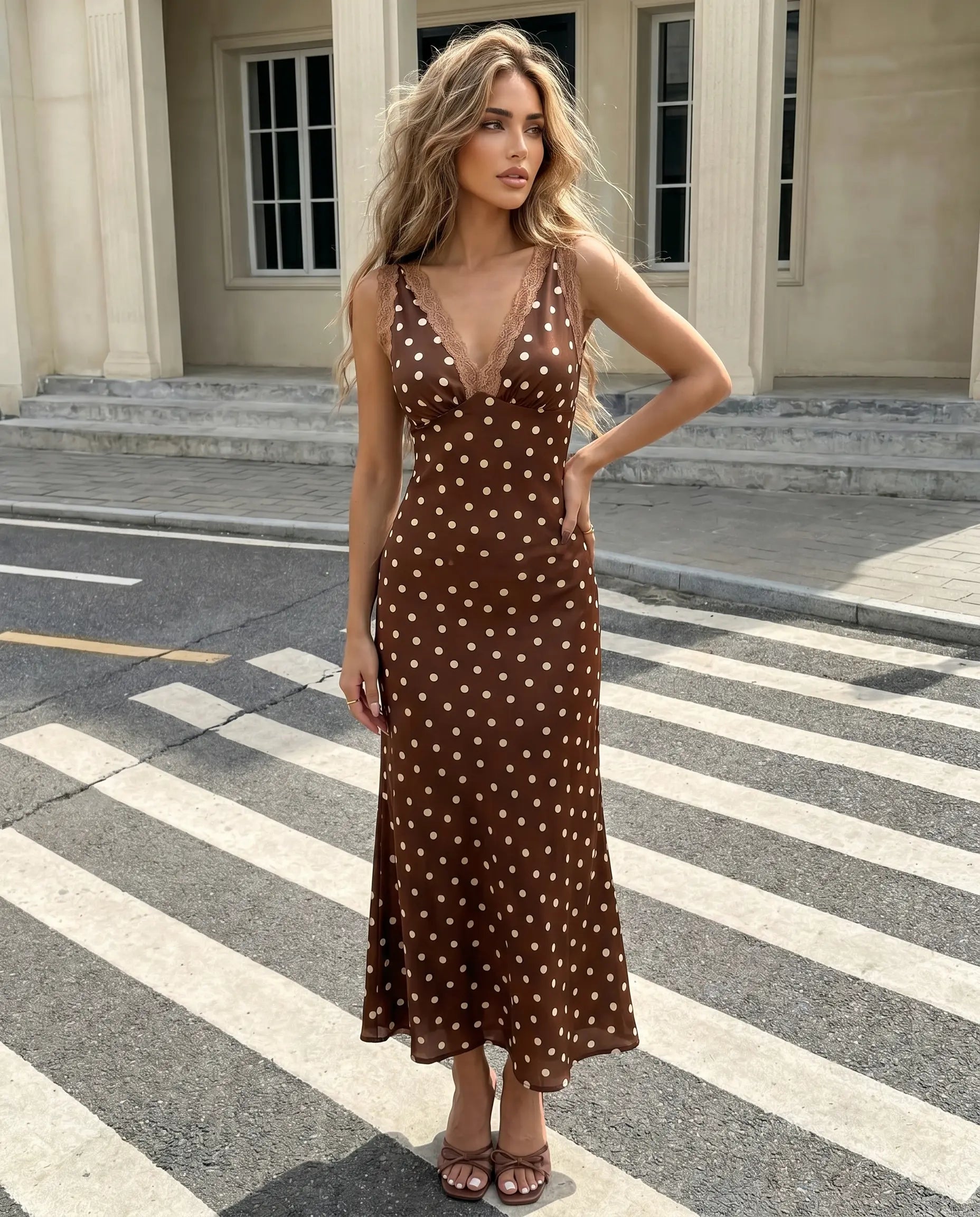 Women's Polka Dot Lace Trim Midi Dress - Chic Sleeveless Day Style