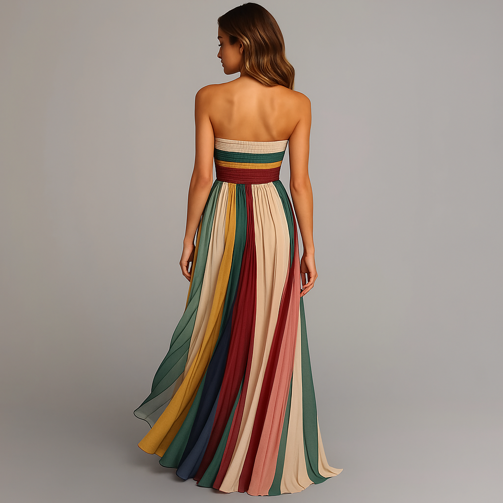 Women's Pleated Strapless Maxi Dress - Panelled Flowing Evening Dress