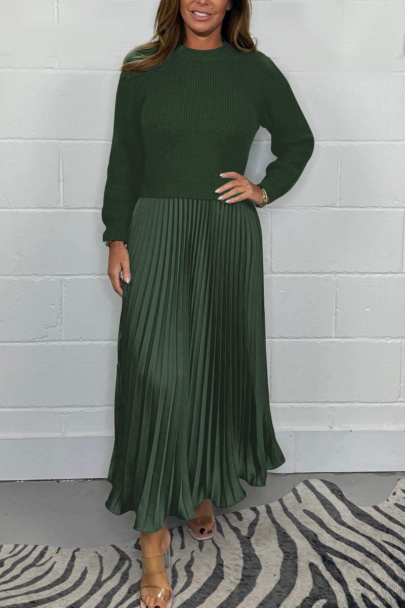 Women's Knit Sweater and Pleated Satin Skirt Set - Cozy Elegant Two-Piece Outfit