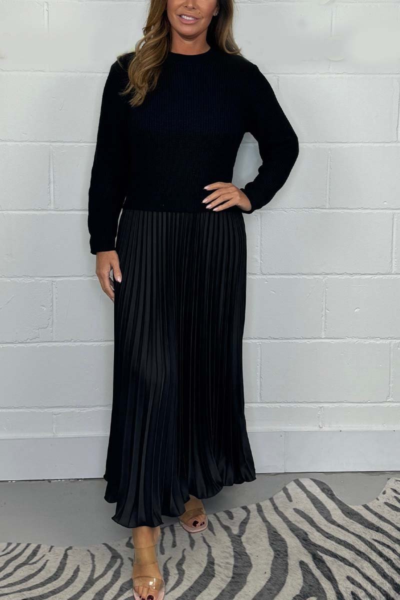 Women's Knit Sweater and Pleated Satin Skirt Set - Cozy Elegant Two-Piece Outfit