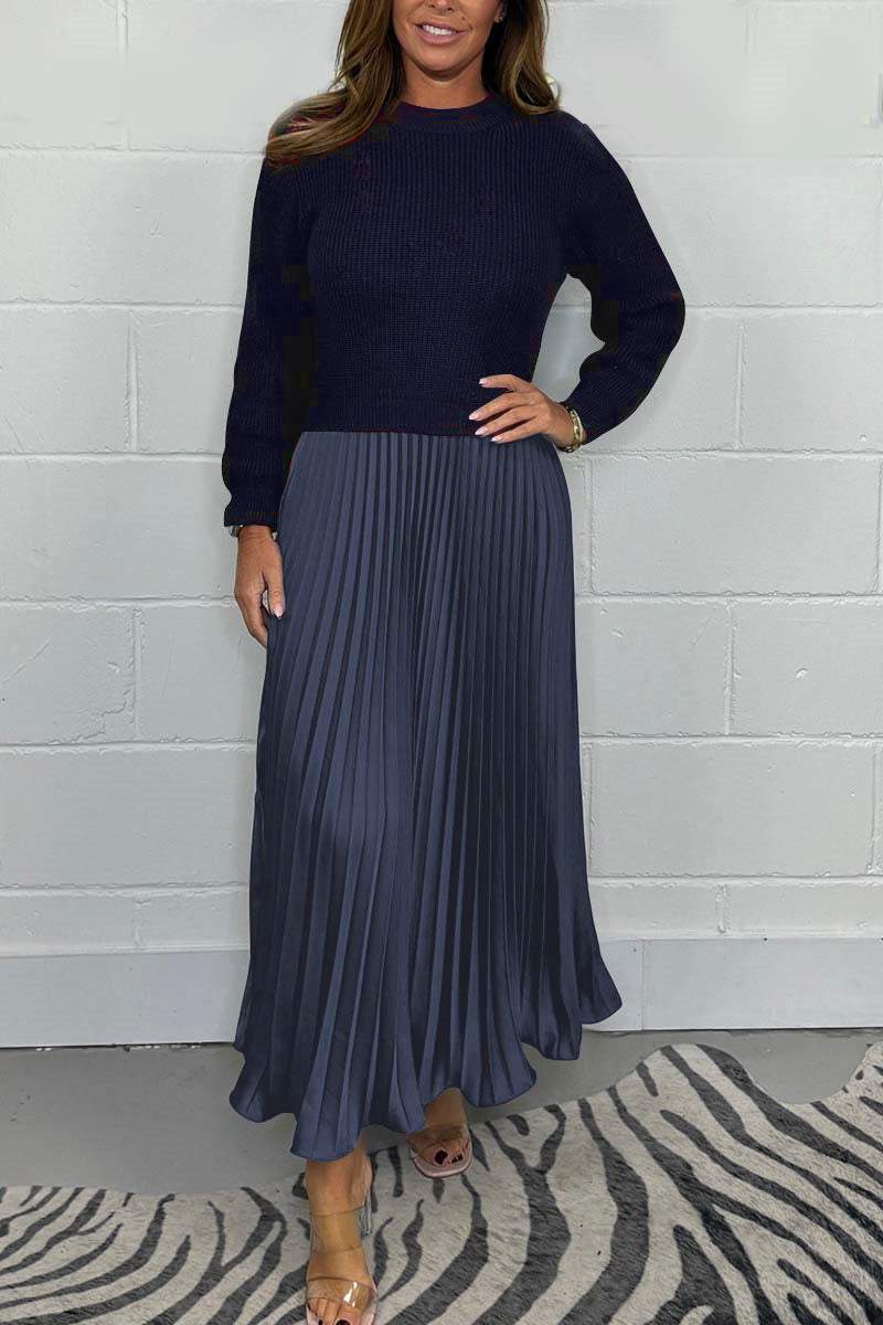 Women's Knit Sweater and Pleated Satin Skirt Set - Cozy Elegant Two-Piece Outfit
