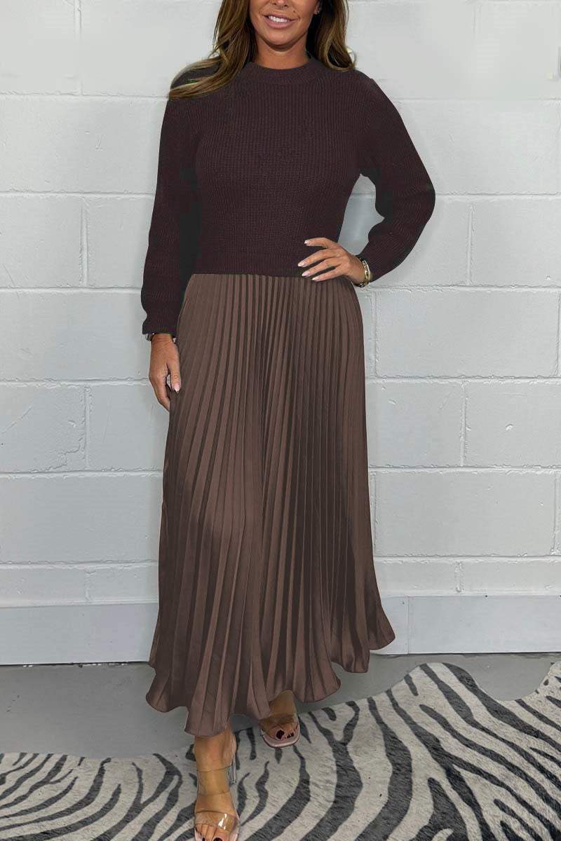 Women's Knit Sweater and Pleated Satin Skirt Set - Cozy Elegant Two-Piece Outfit