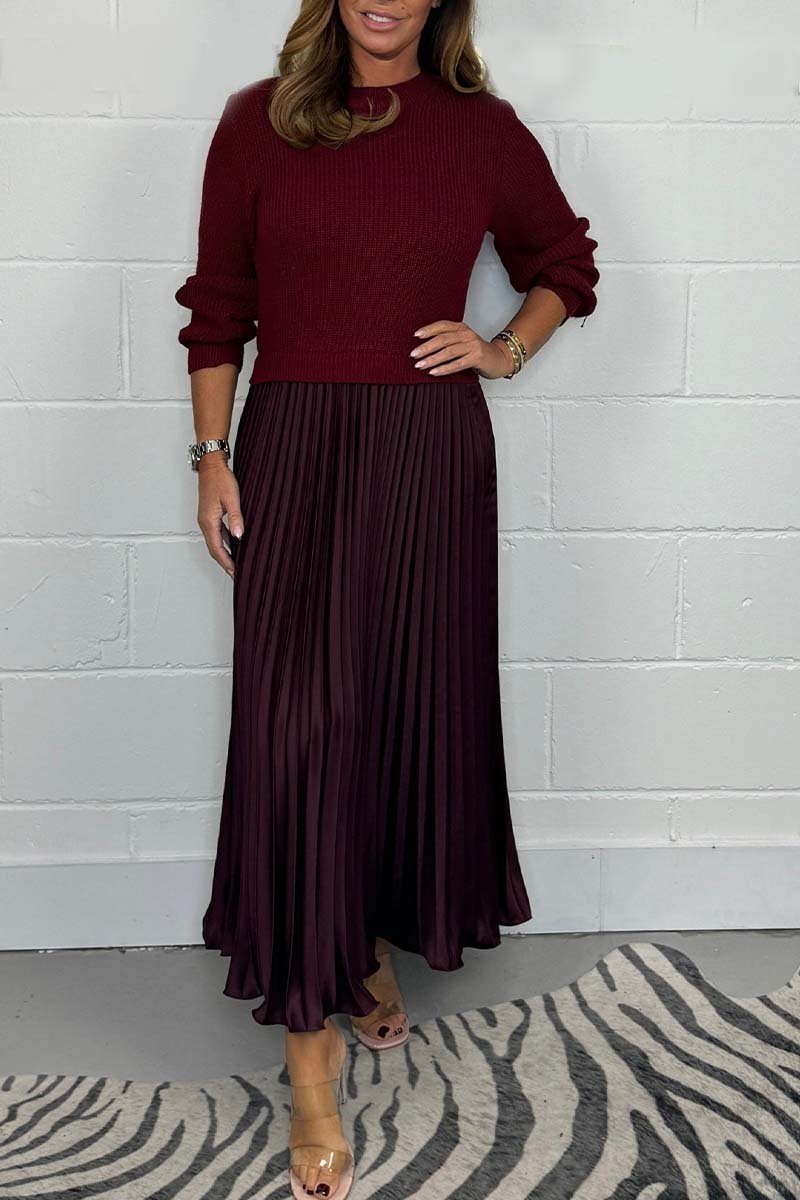 Women's Knit Sweater and Pleated Satin Skirt Set - Cozy Elegant Two-Piece Outfit