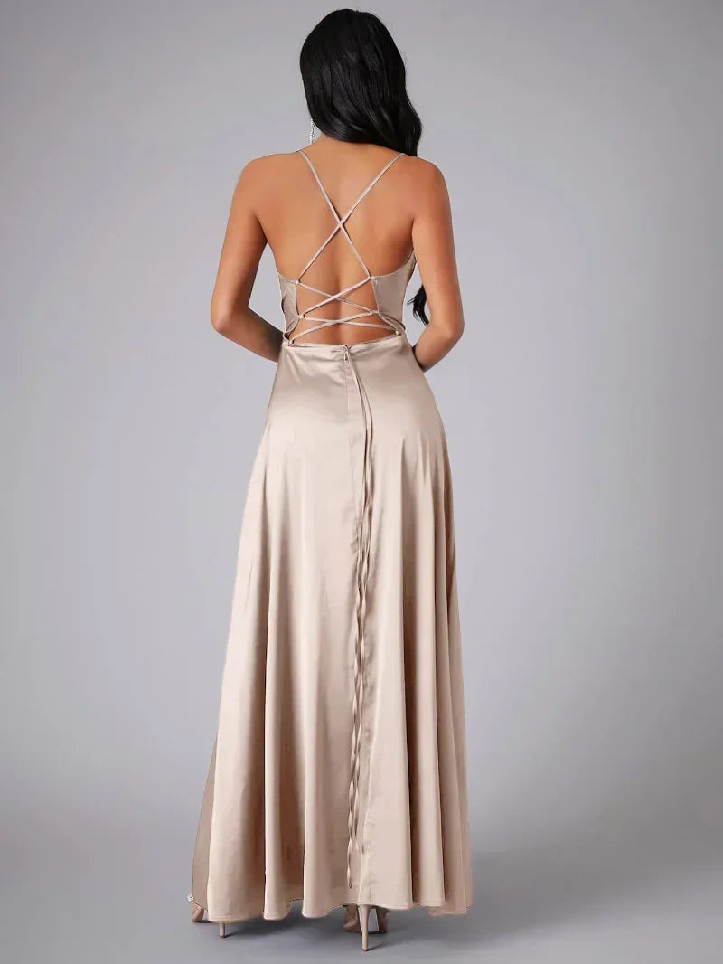 Women's Satin Maxi Evening Dress – High Slit Open Back Formal Dress