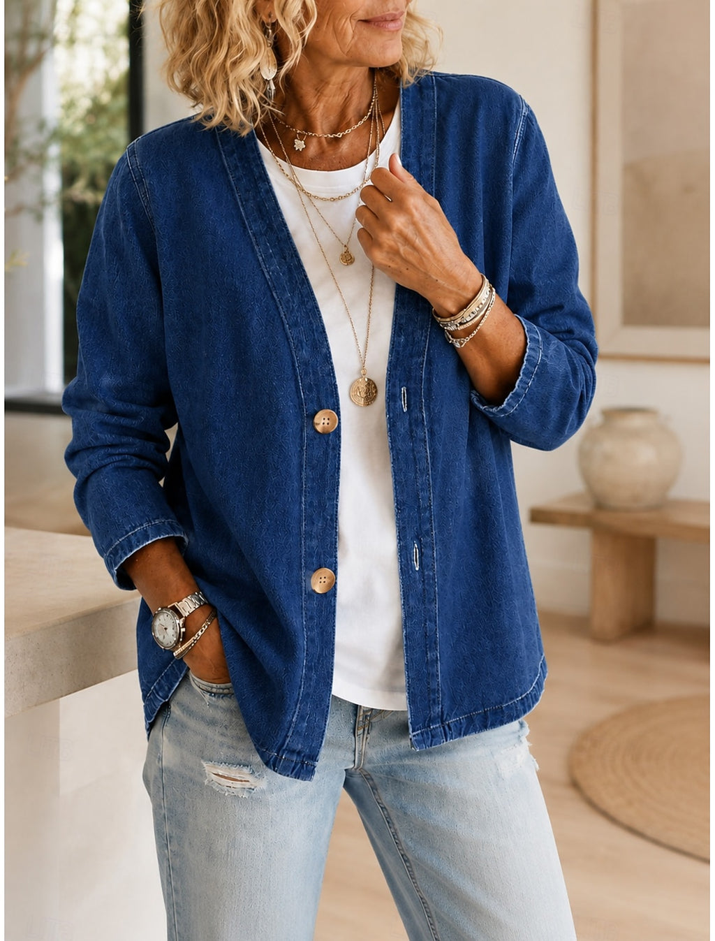 Patchwork V-Neck Casual Jacket - Lightweight and Relaxed