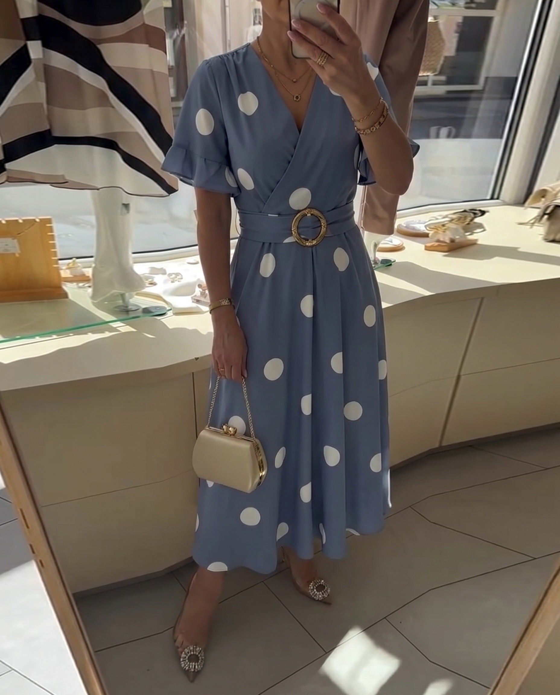 Women's Polka Dot V-Neck Dress – Waist-Defining Everyday Summer Style