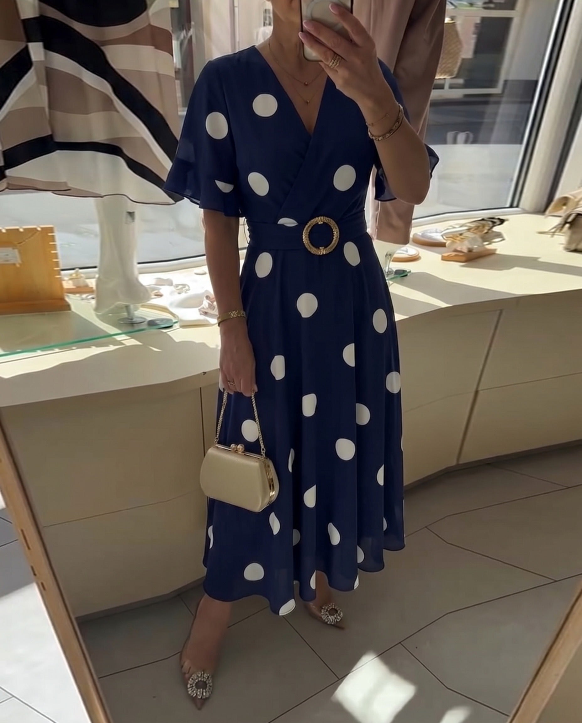 Women's Polka Dot V-Neck Dress – Waist-Defining Everyday Summer Style