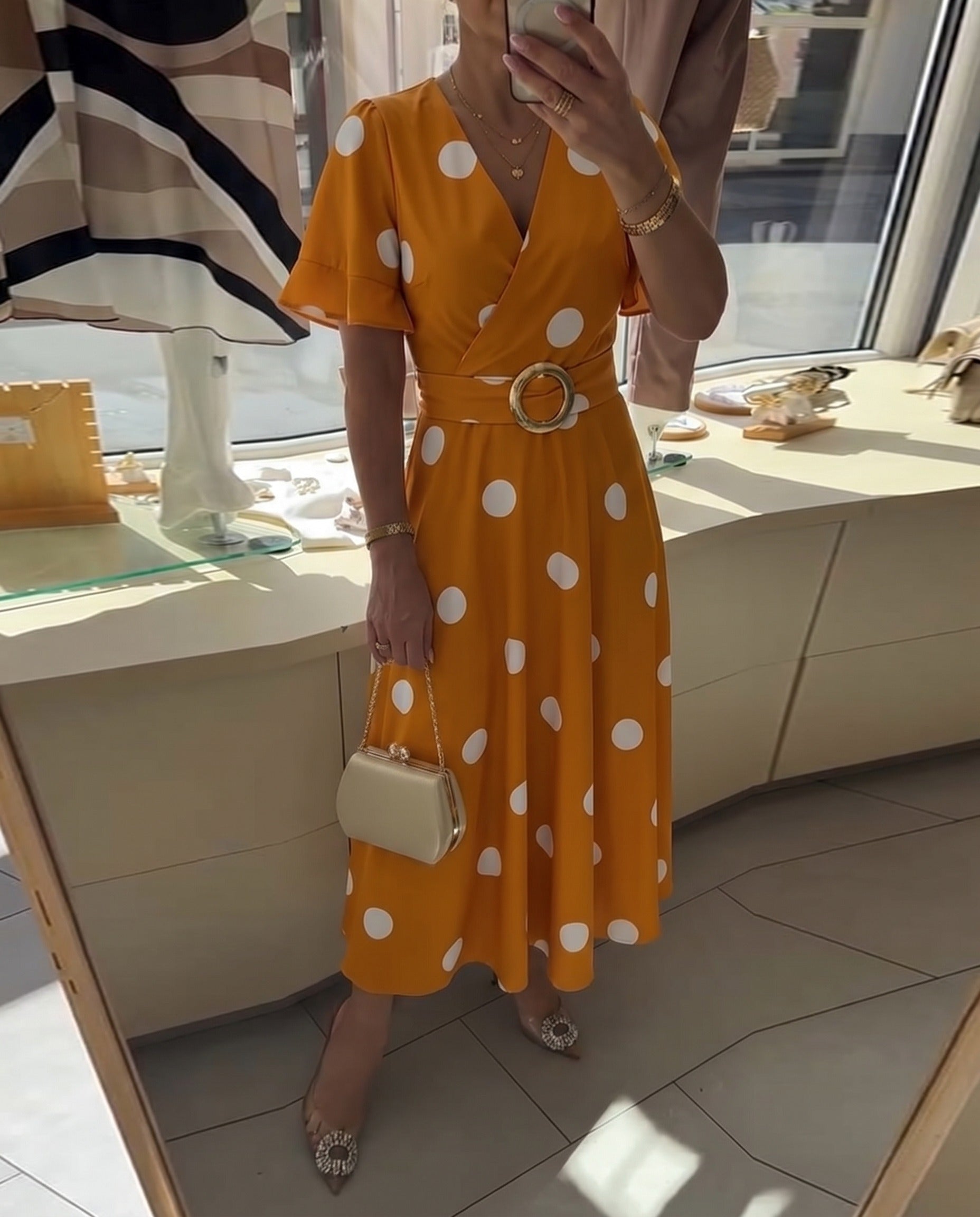 Women's Polka Dot V-Neck Dress – Waist-Defining Everyday Summer Style