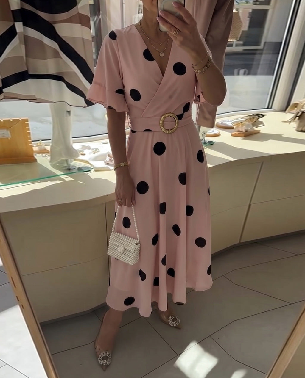 Women's Polka Dot V-Neck Dress – Waist-Defining Everyday Summer Style