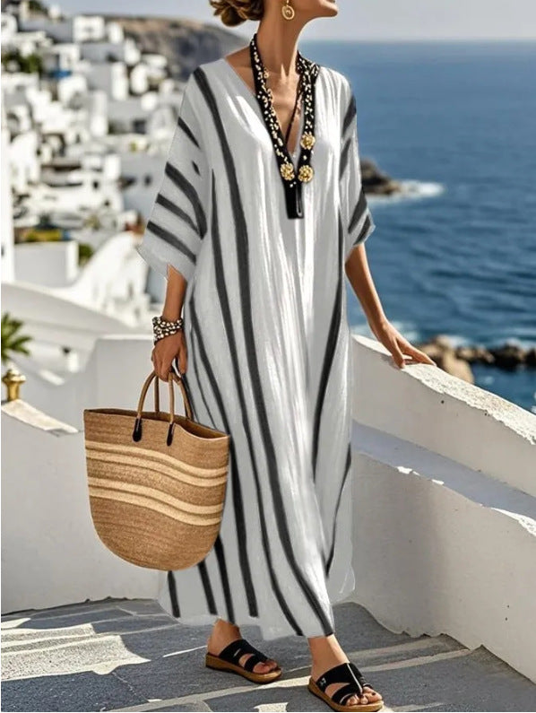 Women's Striped Maxi Kaftan Dress - Relaxed Summer Holiday Style
