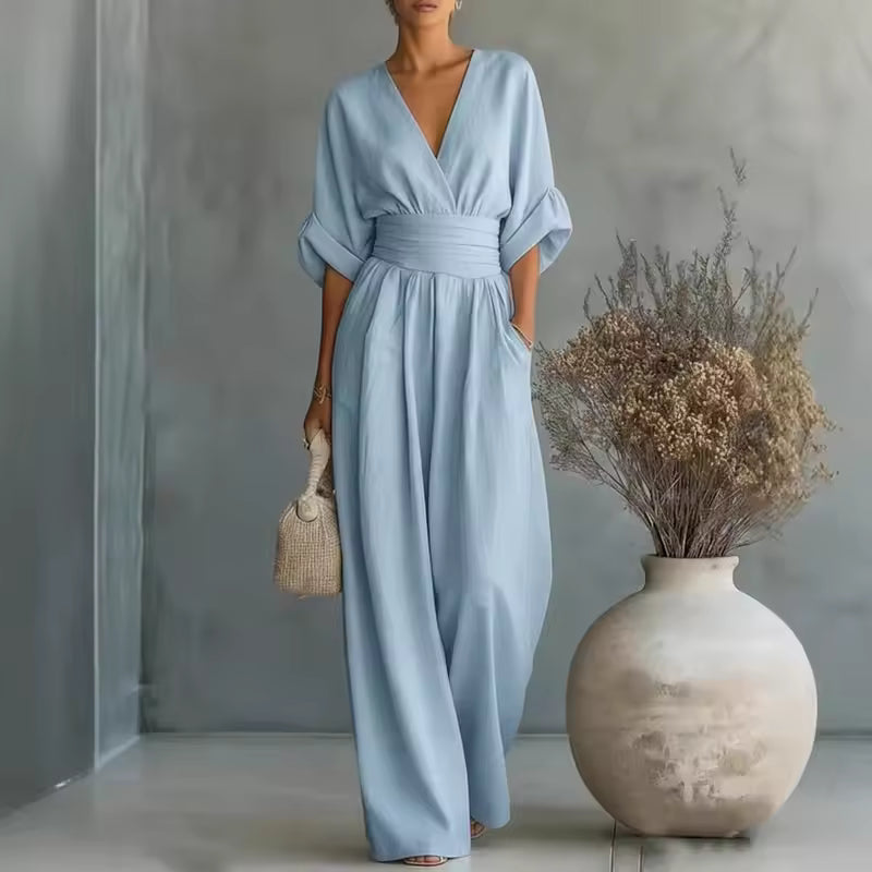 Women's Deep V Neck Wide Leg Jumpsuit - Elegant Occasion One Piece