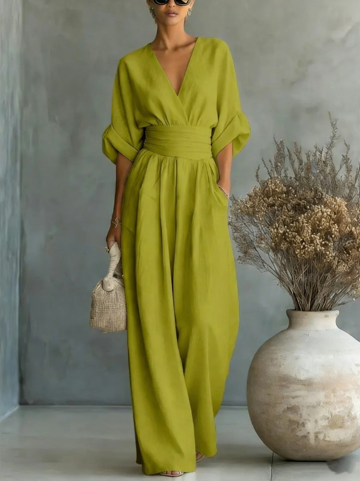 Women's Deep V Neck Wide Leg Jumpsuit - Elegant Occasion One Piece