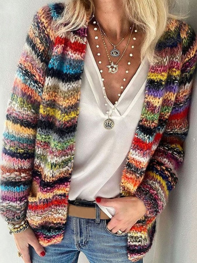 Women's Colorful Knit Cardigan - Relaxed Button Front Layer