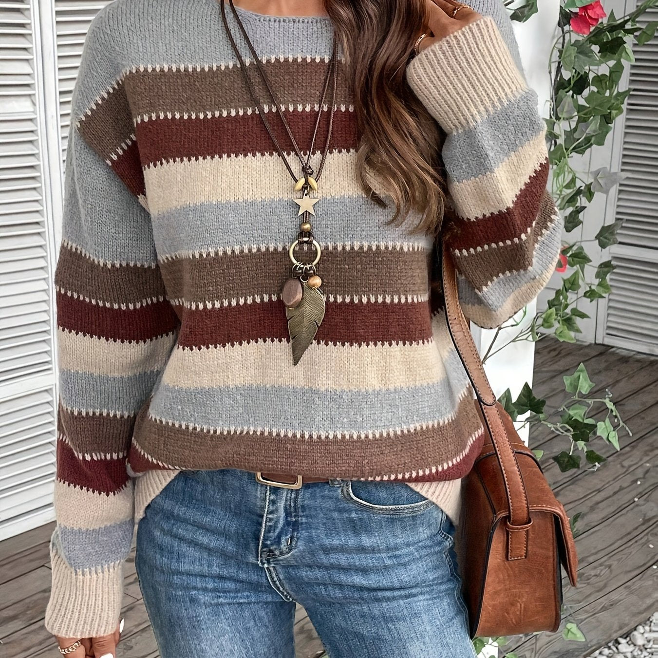 Women's Colorful Crew Neck Sweater - Drop Shoulder Long Sleeve Knit