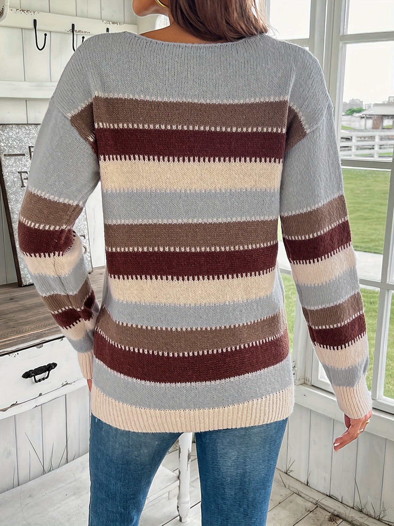 Women's Colorful Crew Neck Sweater - Drop Shoulder Long Sleeve Knit