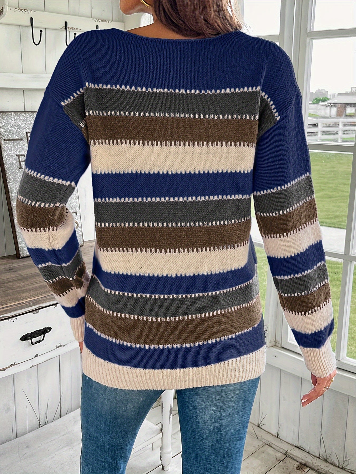 Women's Colorful Crew Neck Sweater - Drop Shoulder Long Sleeve Knit