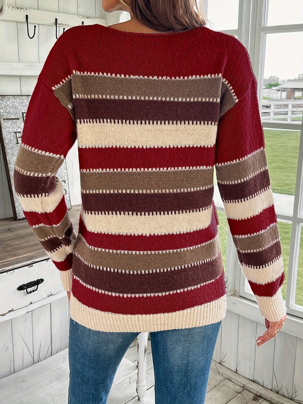 Women's Colorful Crew Neck Sweater - Drop Shoulder Long Sleeve Knit