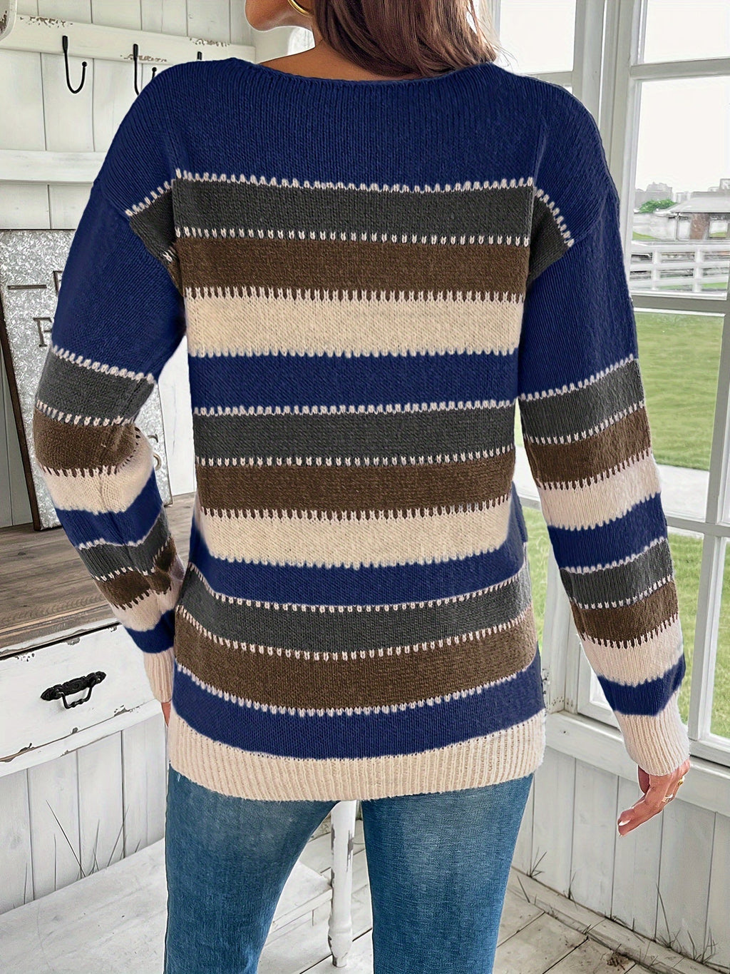 Women's Colorful Crew Neck Sweater - Drop Shoulder Long Sleeve Knit