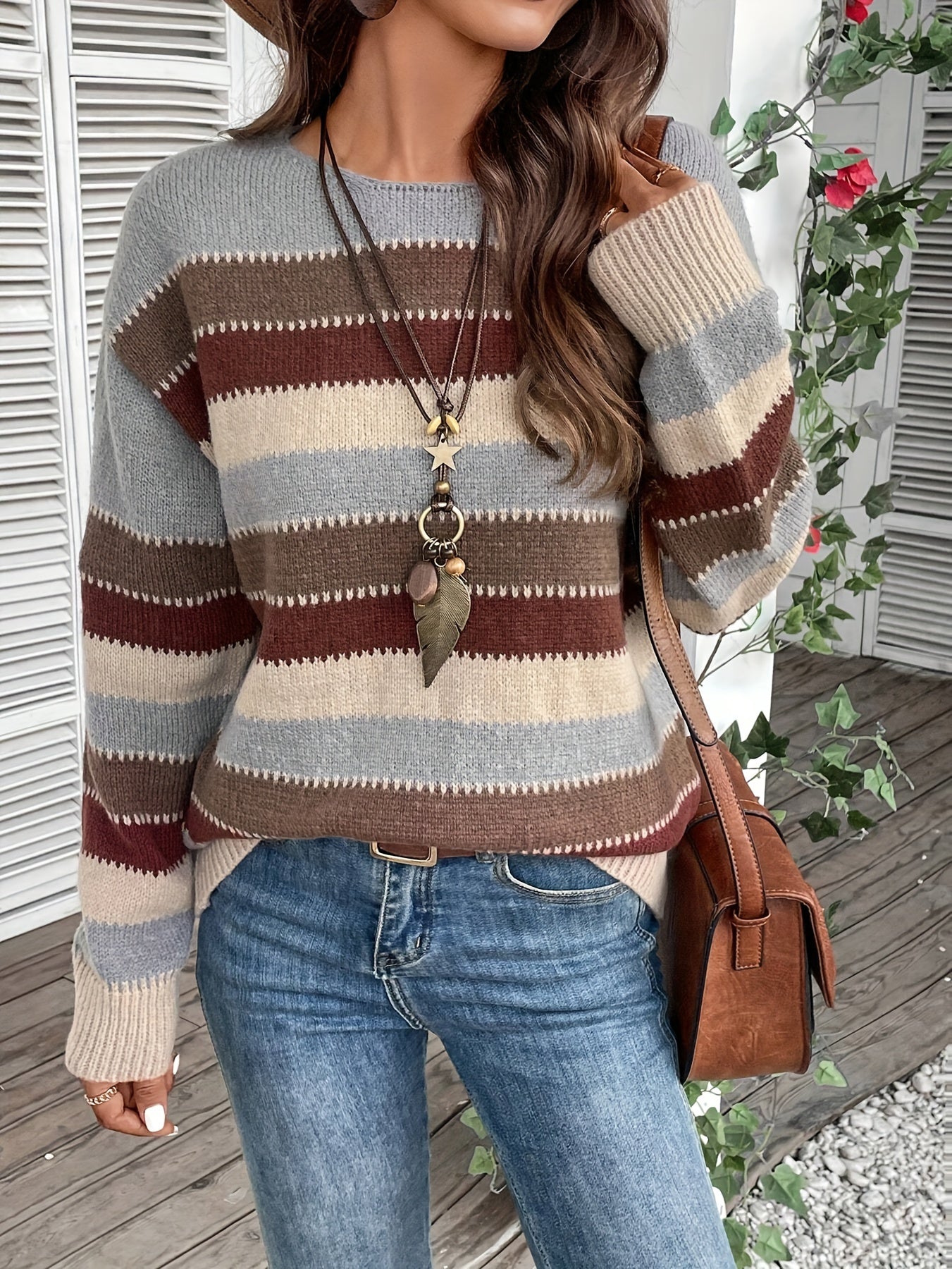 Women's Colorful Crew Neck Sweater - Drop Shoulder Long Sleeve Knit