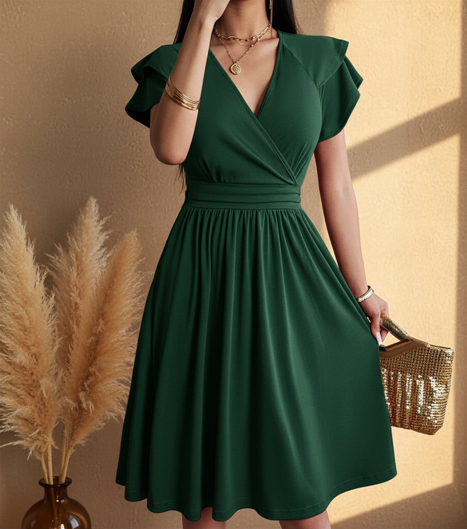 Women's Wrap Midi Dress - Flutter Sleeve Occasion Dress