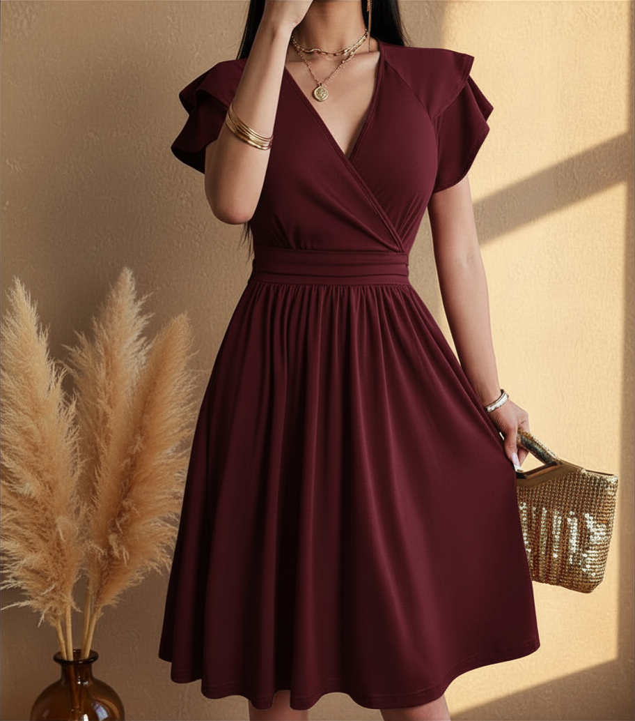 Women's Wrap Midi Dress - Flutter Sleeve Occasion Dress