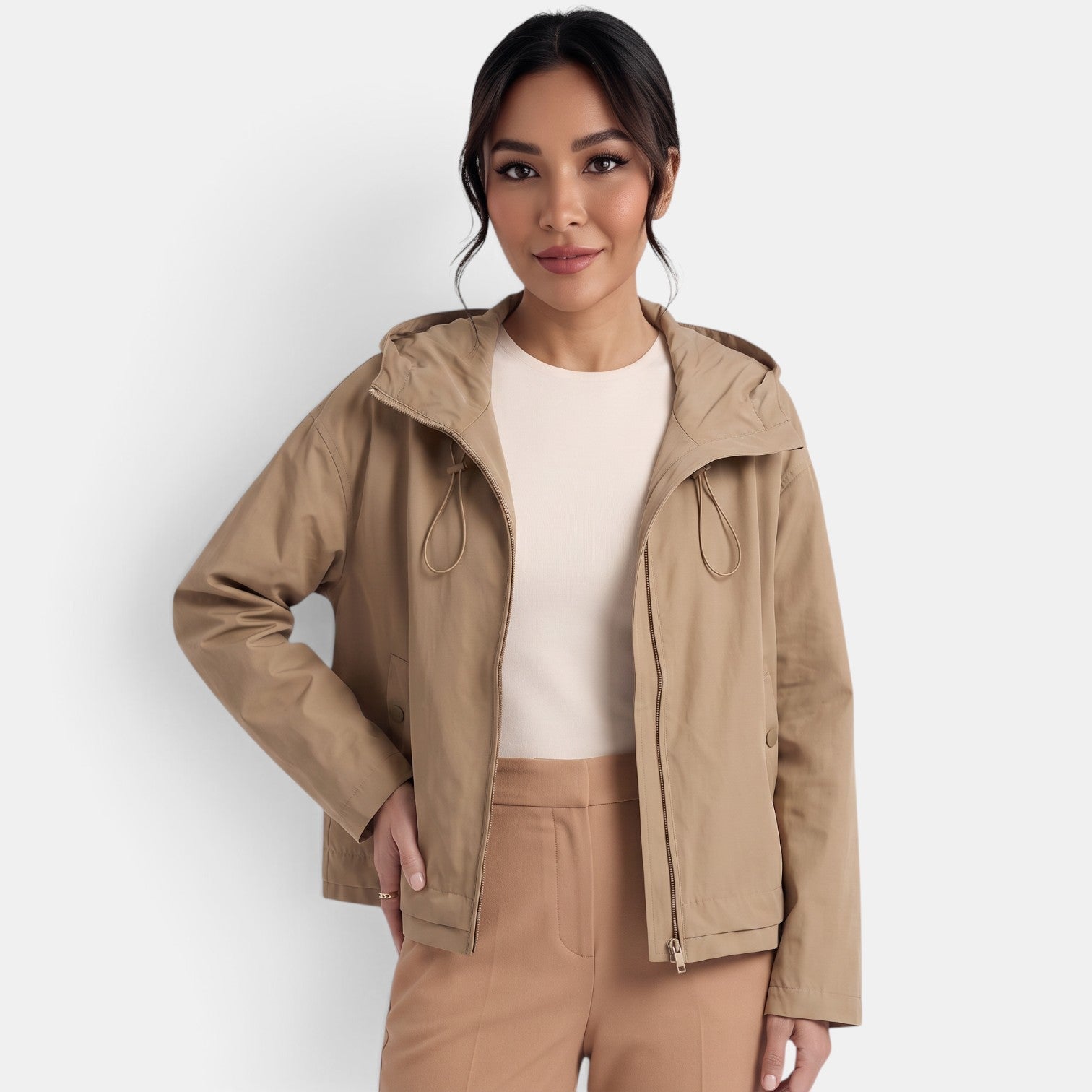 Women's Hooded Short Trench Jacket - Lightweight Practical Transitional Layer