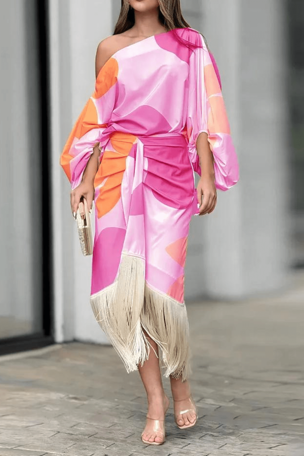 Women's One-Shoulder Wrap Midi Dress - Elegant Asymmetrical Fringe Sleeve Dress