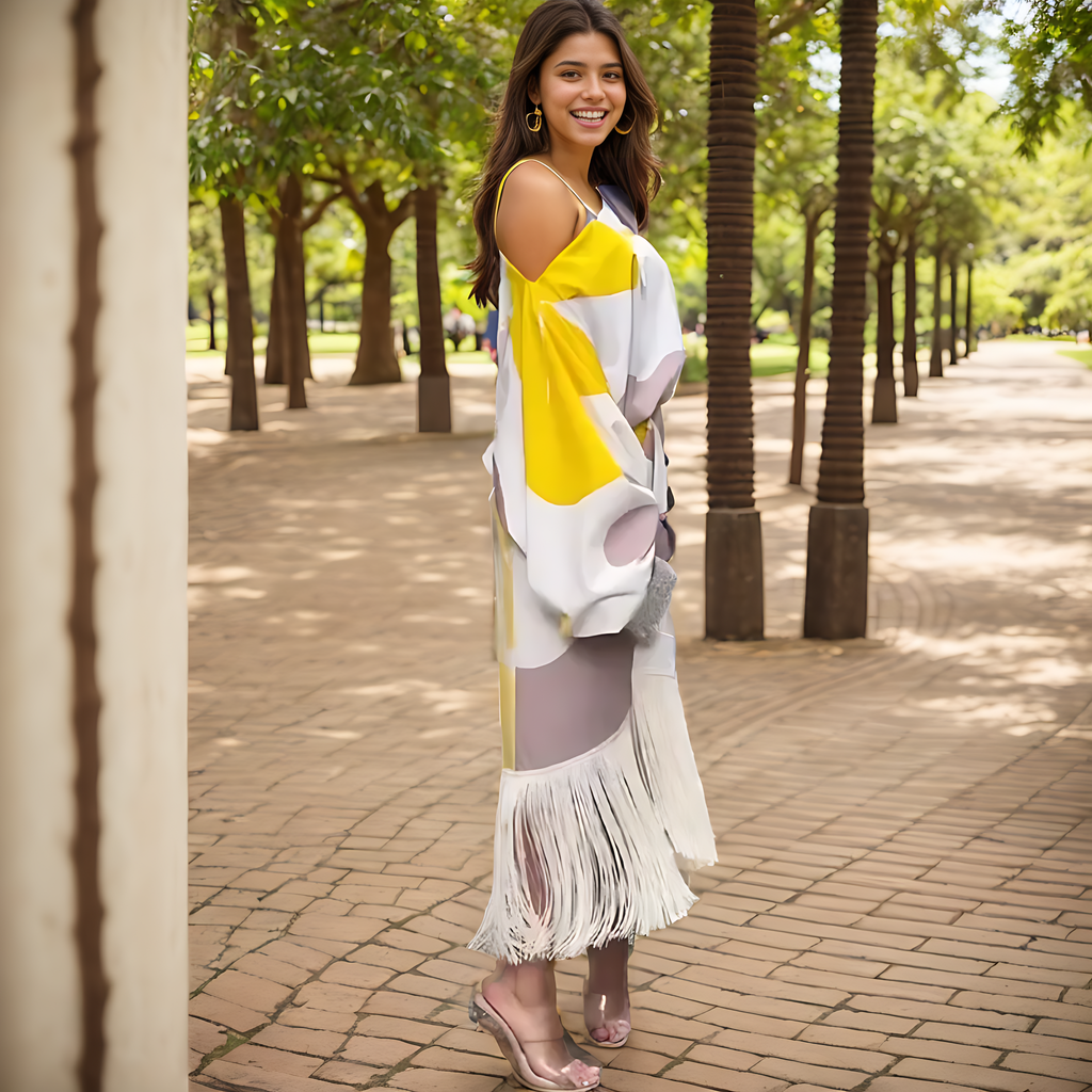 Women's One-Shoulder Wrap Midi Dress - Elegant Asymmetrical Fringe Sleeve Dress