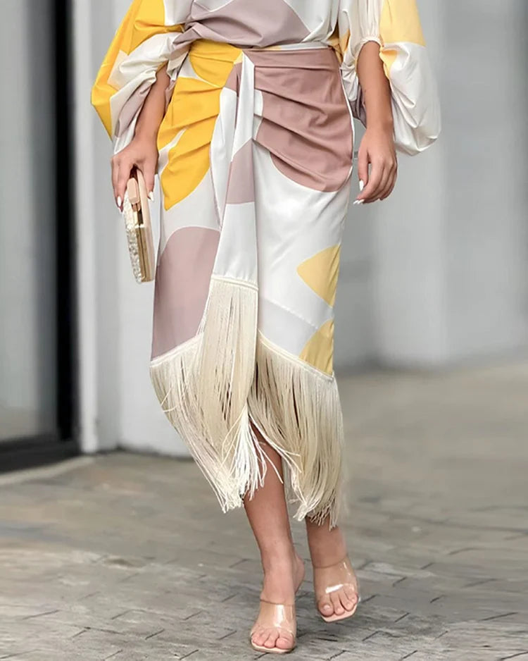 Women's One-Shoulder Wrap Midi Dress - Elegant Asymmetrical Fringe Sleeve Dress