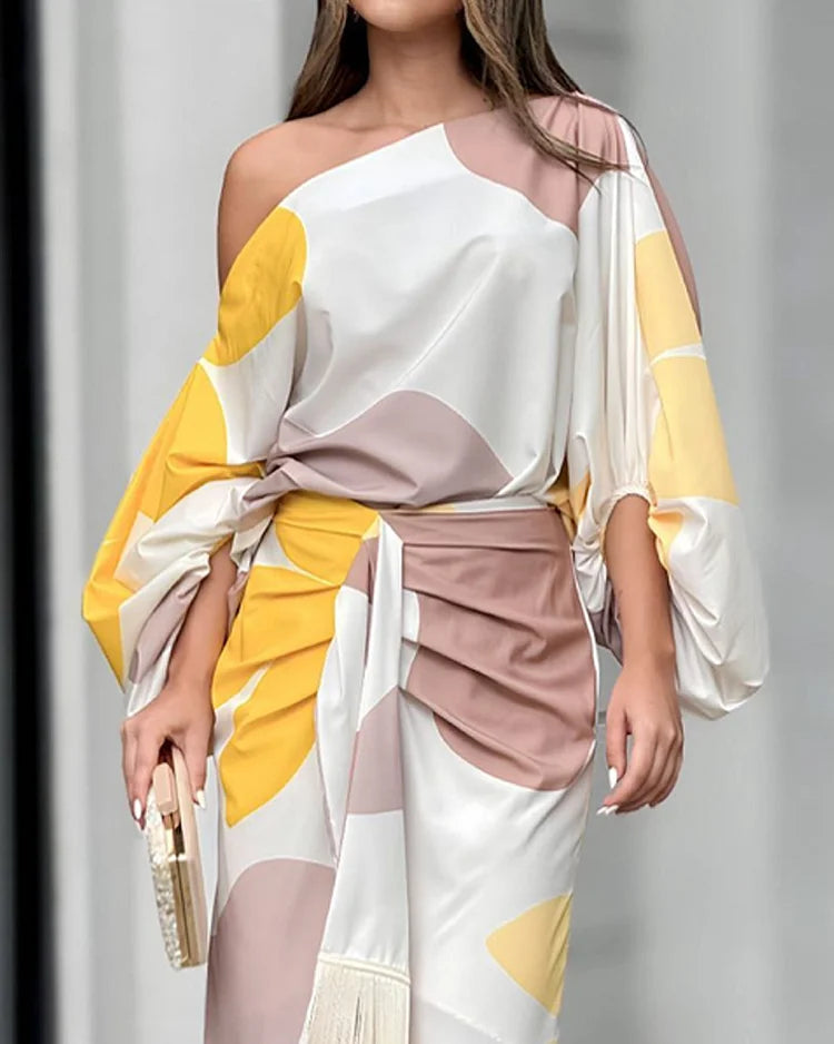Women's One-Shoulder Wrap Midi Dress - Elegant Asymmetrical Fringe Sleeve Dress