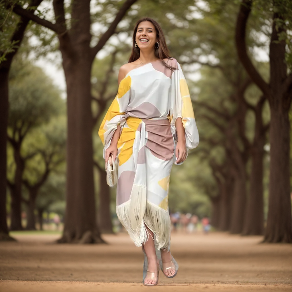 Women's One-Shoulder Wrap Midi Dress - Elegant Asymmetrical Fringe Sleeve Dress